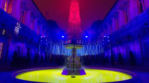 View of Platonium installation by artist Eric Michel et Akari-Lisa Ishii at the city hall during the rehearsal for the Festival of Lights (Fetes des Lumieres) in Central Lyon, France, late December 7, 2016.   REUTERS/Emmanuel Foudrot